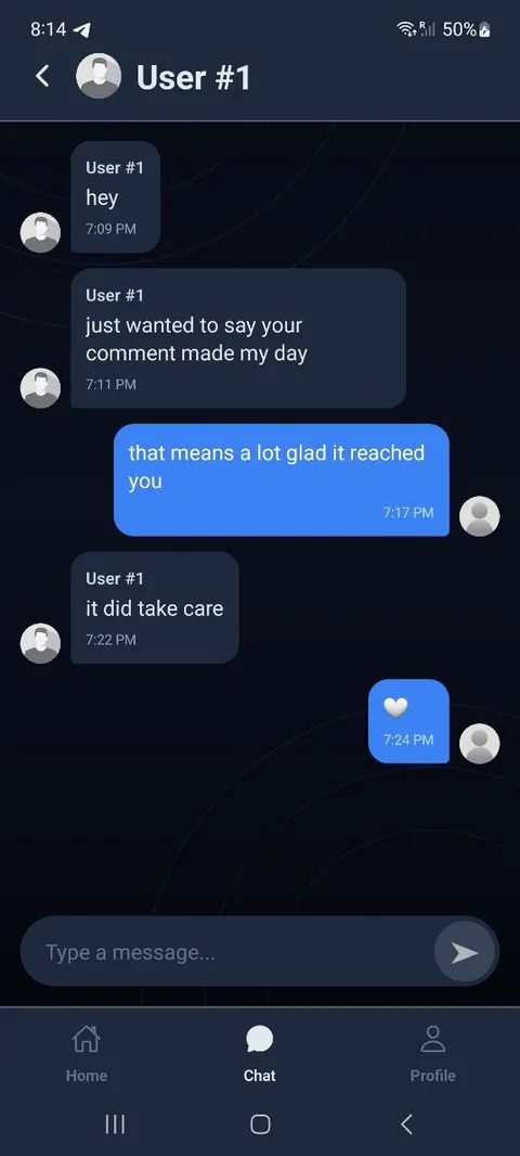 Frisyn one-to-one chat conversation between two anonymous accounts.