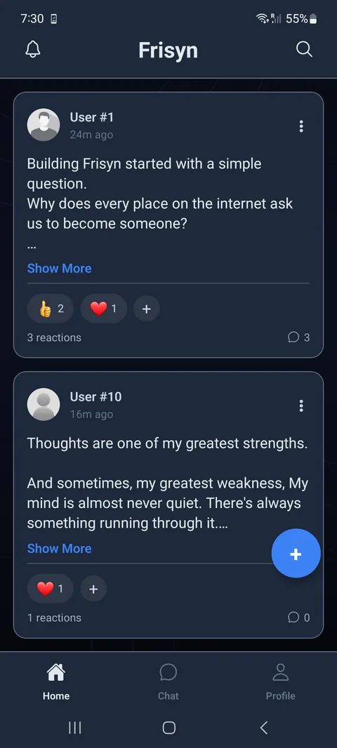 Frisyn home feed showing anonymous posts attributed to sequential account numbers, with emoji reaction counts and comment counts.