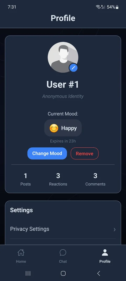 Frisyn profile screen showing the account number as the identity, a 24-hour mood status with an expiry countdown, and post, reaction and comment counts.