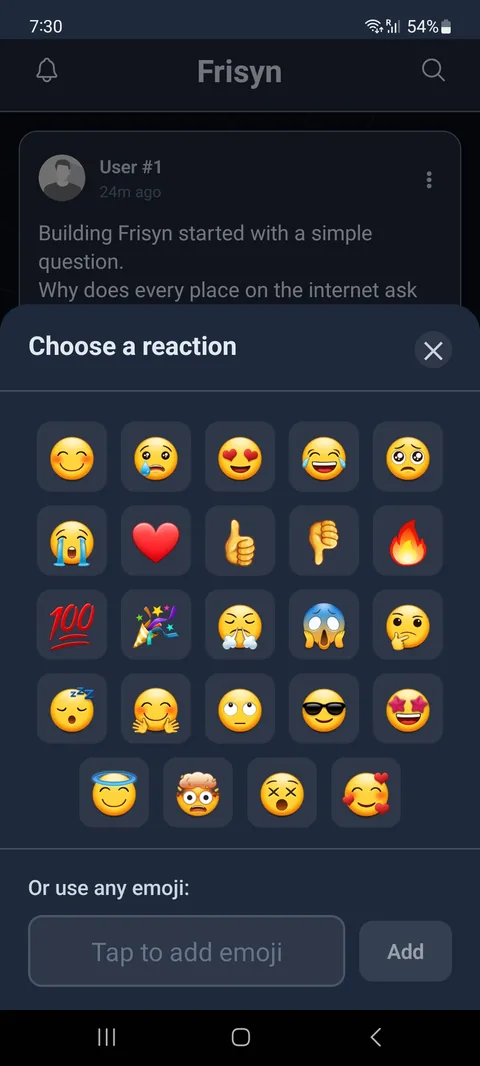 Frisyn reaction picker sheet with a grid of emoji and an option to add any custom emoji.