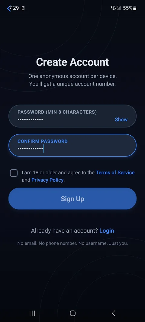 Frisyn account creation screen asking only for a password, with an age and terms checkbox, and a note that no email, phone number or username is required.