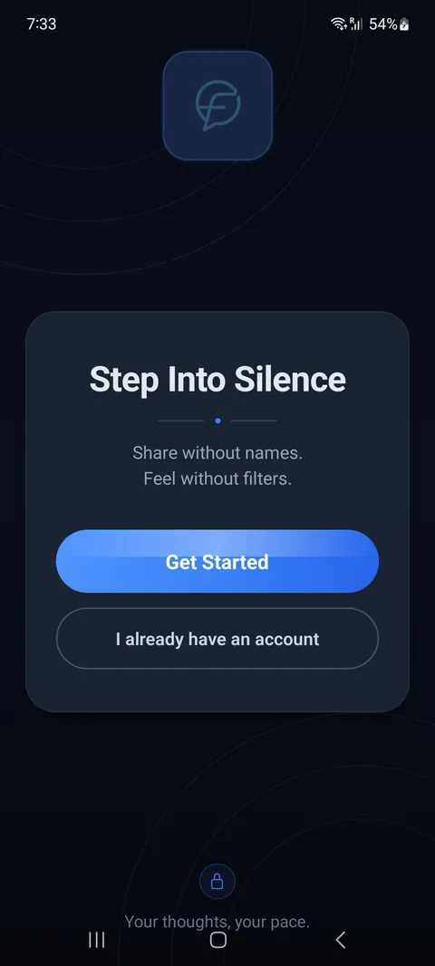 Frisyn welcome screen with the tagline Step Into Silence and options to get started or sign in.